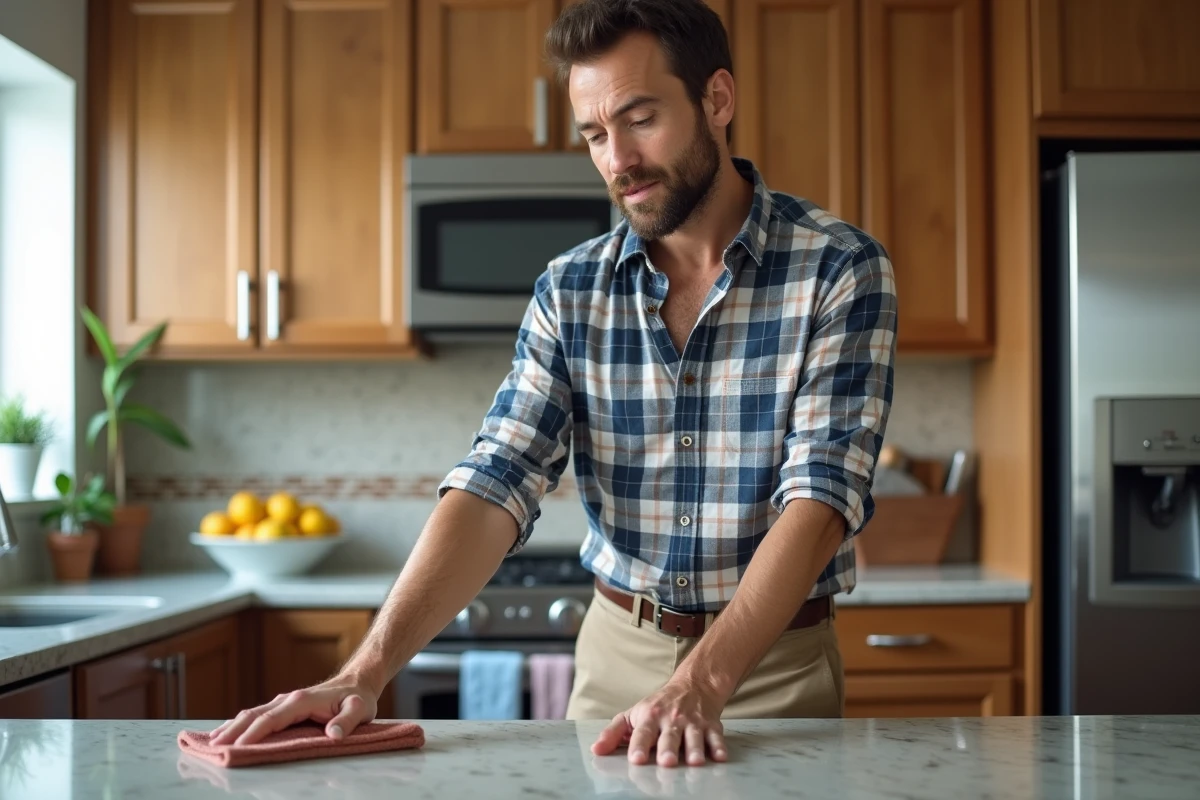 Homme nettoyant un plan de travail de cuisine