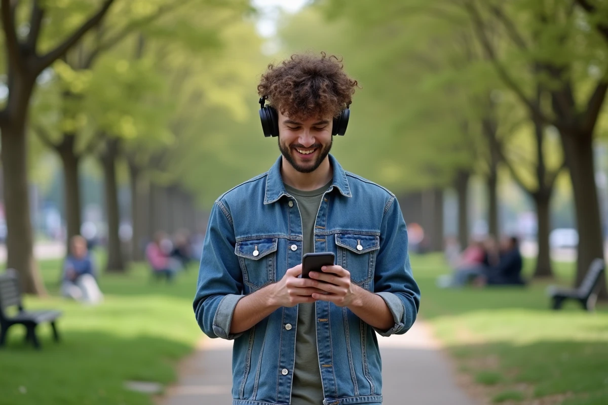 Jeune homme écoutant un podcast dans un parc urbain