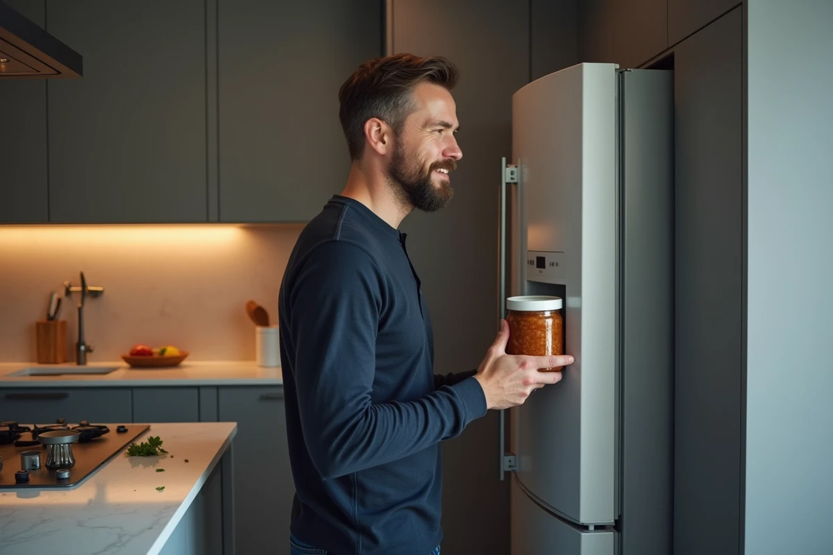 Homme rangeant un plat cuisiné maison dans un surgélateur vertical dans une cuisine moderne