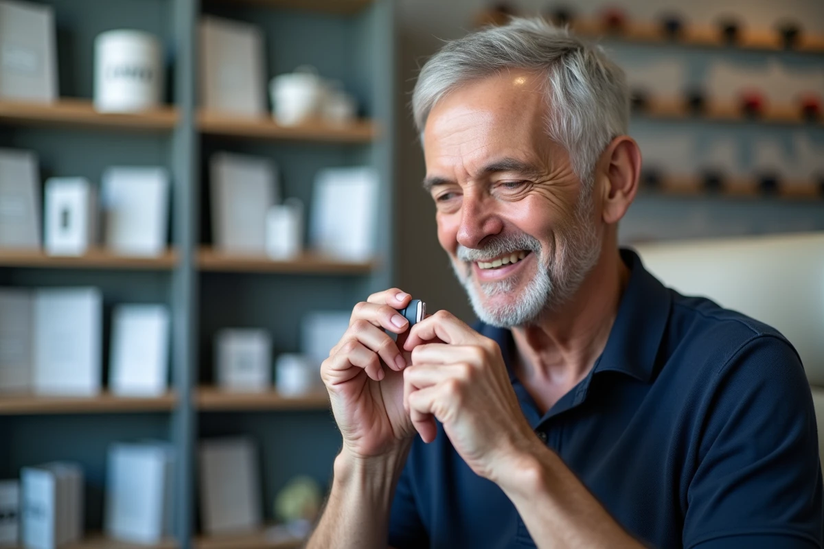 Homme senior tenant une aide auditive intra-auriculaire pour comparer des modèles en boutique