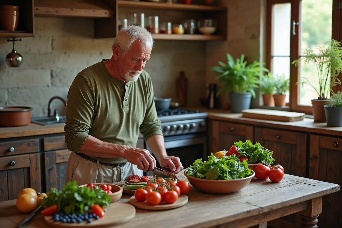 Homme senior préparant un repas sain à base de légumes frais dans une cuisine rustique pour maintenir une bonne santé au quotidien