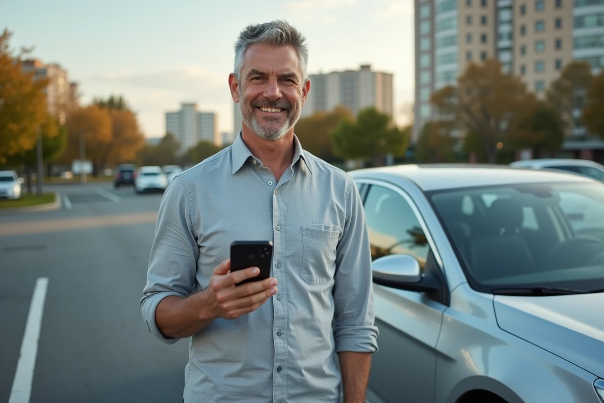 Homme consultant un annuaire d'assurance auto sur smartphone à côté de sa voiture dans un parking urbain
