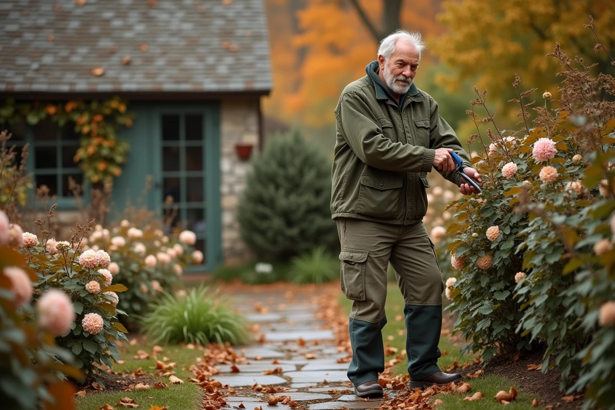 Homme qui taille des rosiers dans un jardin en automne avec des feuilles dorées au sol
