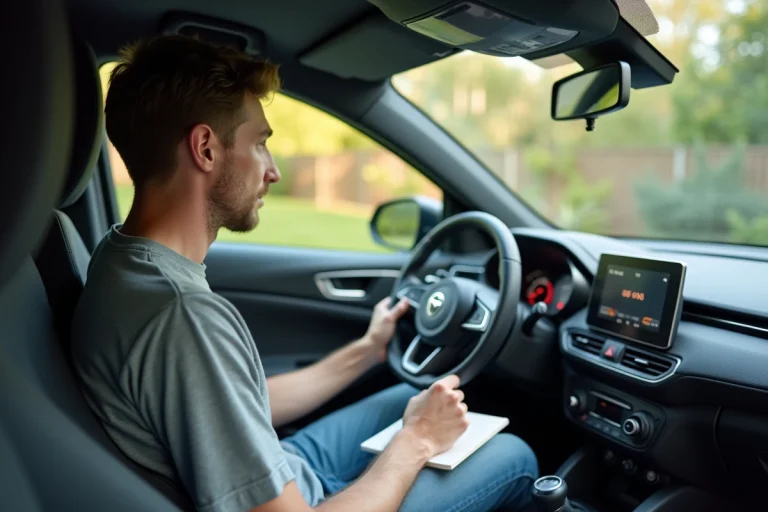 Homme d'âge moyen examinant le tableau de bord d'une voiture compacte