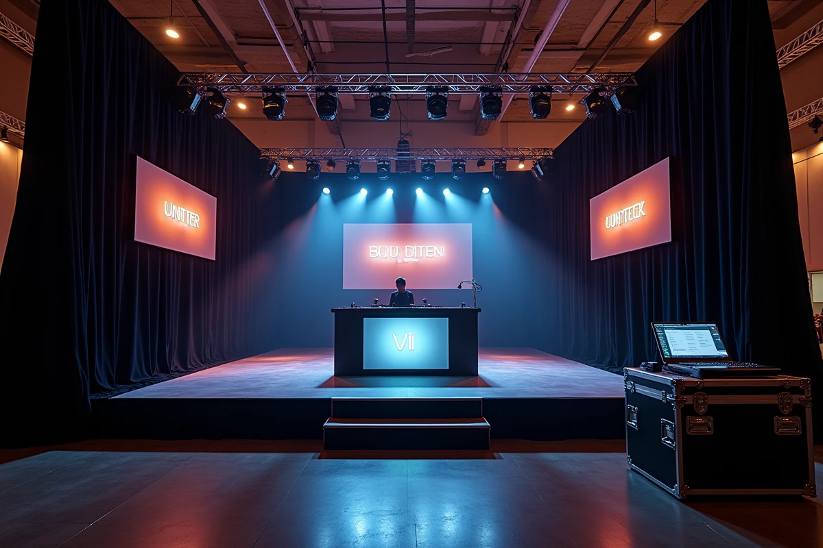 Installation scénique professionnelle et régie son pour un événement privé haut de gamme avec un plateau de DJ premium
