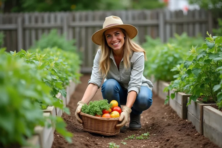 Femme souriante en jardinage avec panier de légumes