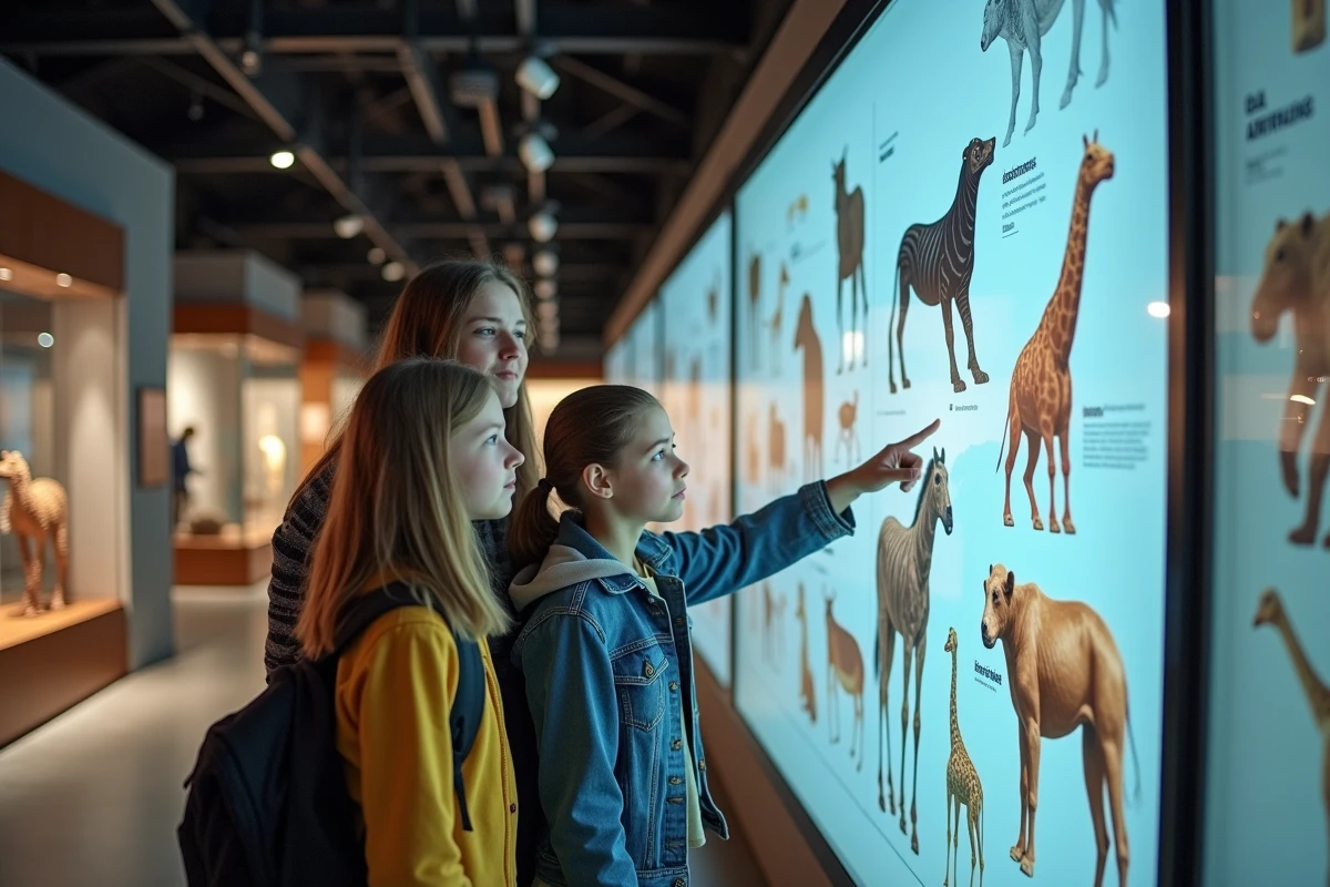 Adolescents explorant une exposition sur les animaux dans un musée d'histoire naturelle moderne, panneau interactif sur la faune