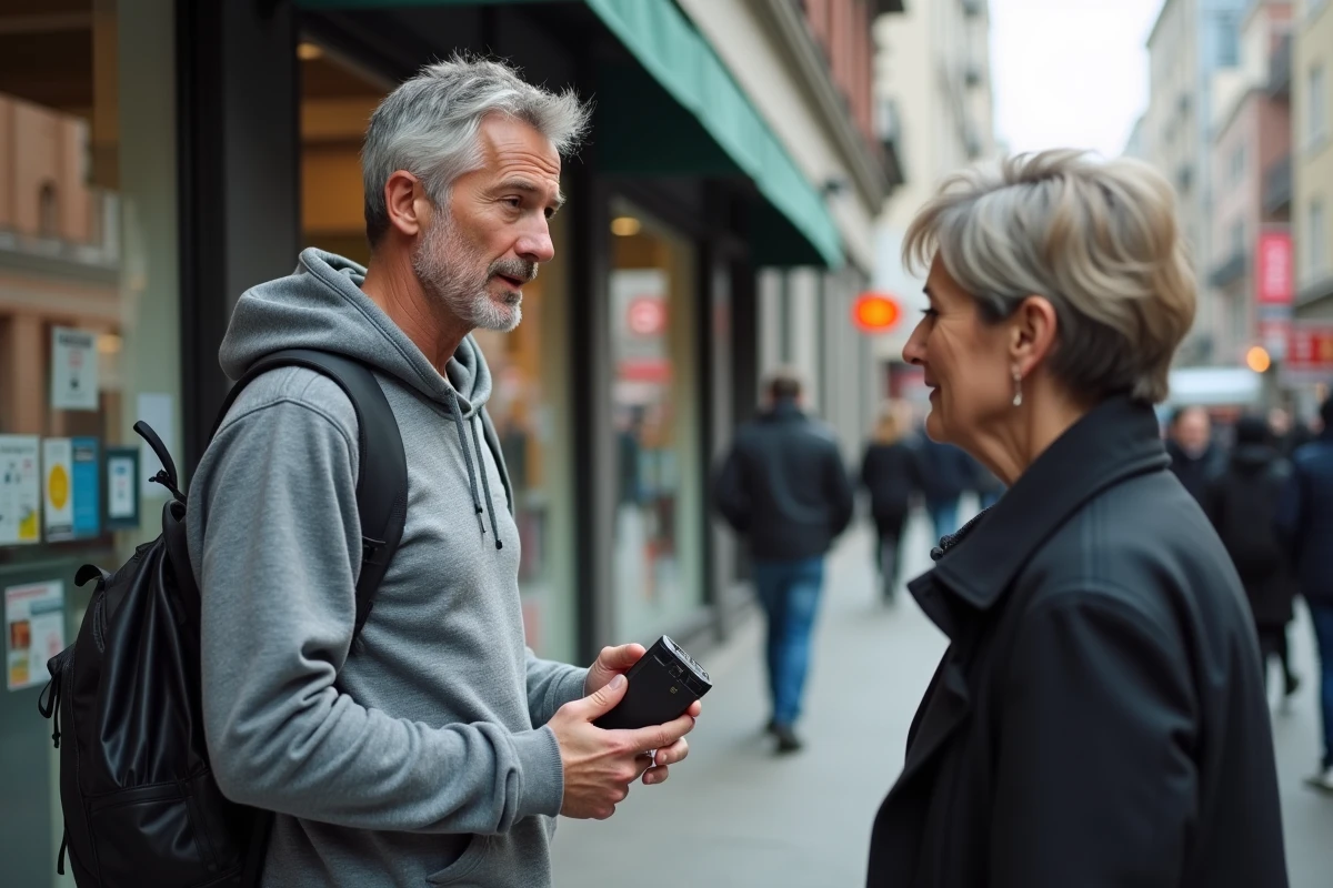 Journaliste de terrain interviewant un citoyen dans une rue urbaine avec un enregistreur numérique, illustrant la liberté de la presse