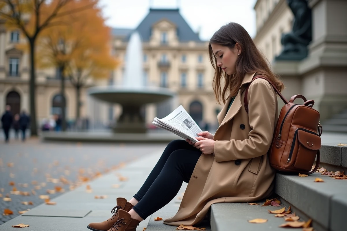 Jeune femme lisant un journal sur les marches d'un monument à Lyon, évoquant la liberté de la presse et l'engagement citoyen en France