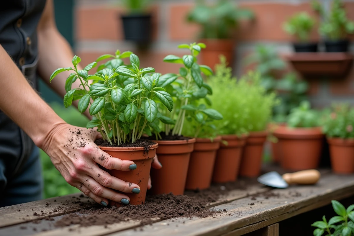 Gros plan sur des mains qui rempotent des herbes aromatiques dans des pots en terre cuite sur un balcon