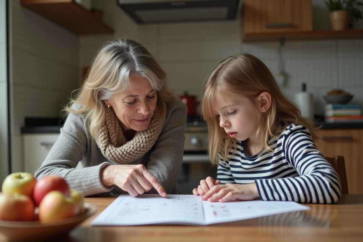Maman et fille discutant de leurs notes à la maison