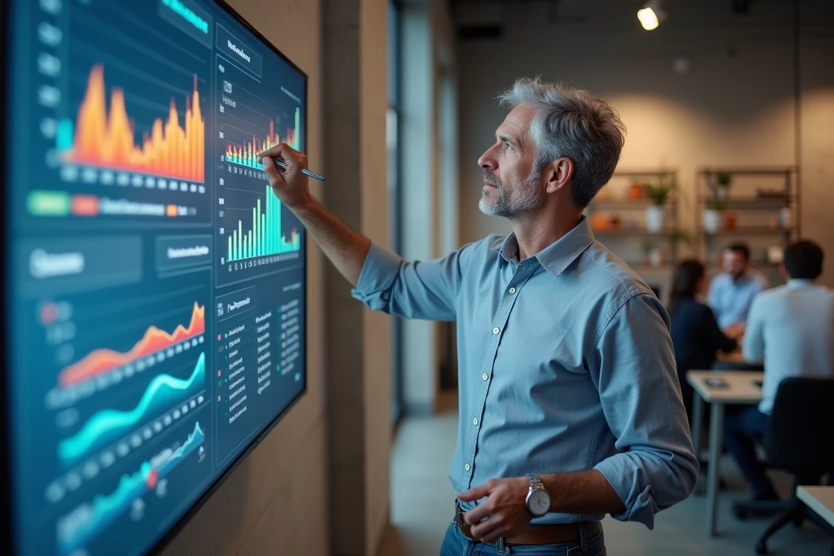 Manager présentant des données de gestion des compétences sur un écran interactif dans un bureau RH moderne