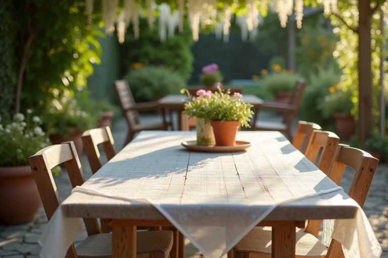 Nappe transparente anti UV posée sur une table de jardin en bois rustique avec fond de jardin fleuri