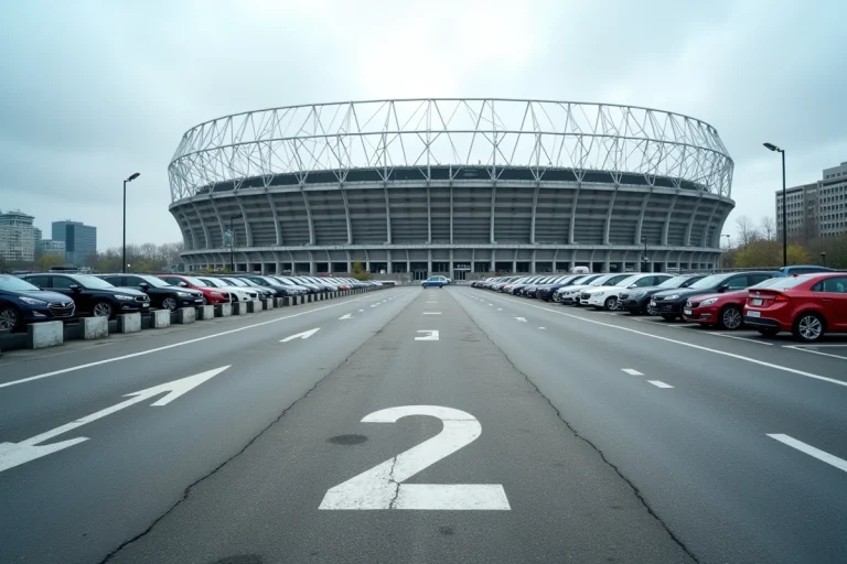 Vue aérienne du parking P2 du Stade de France avec rangées de voitures garées et panneaux de signalisation