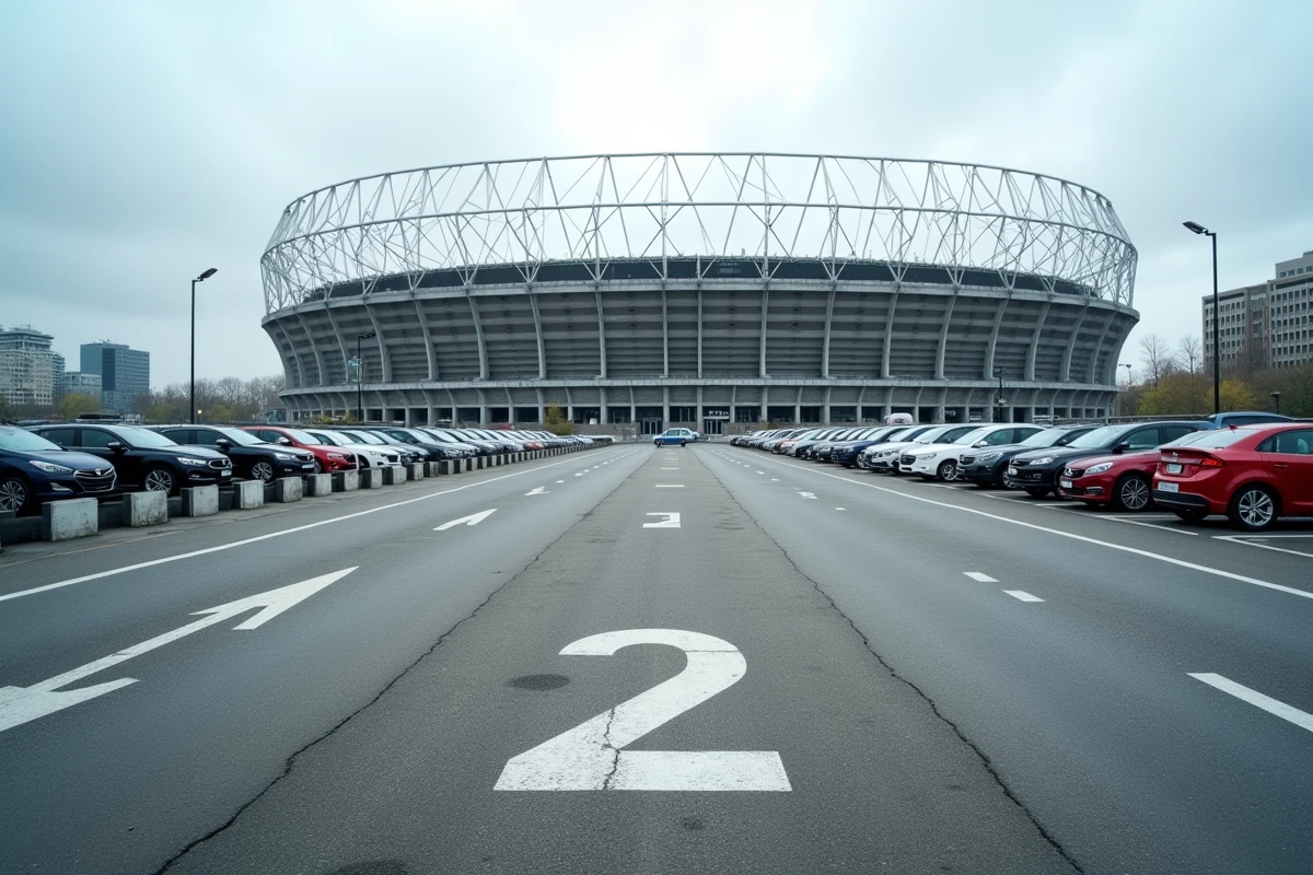 Vue aérienne du parking P2 du Stade de France avec rangées de voitures garées et panneaux de signalisation