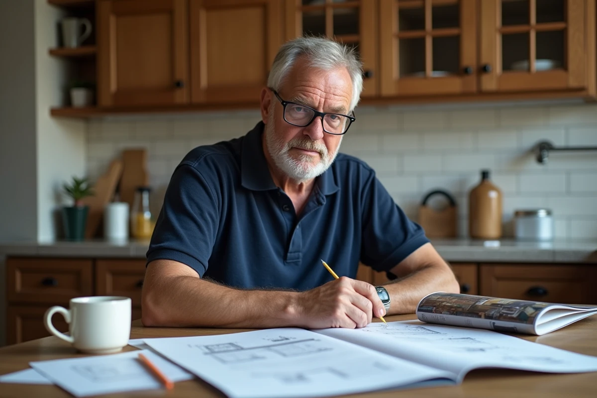 Homme mature planifiant des travaux de rénovation avec des plans et un catalogue bricolage sur une table de cuisine