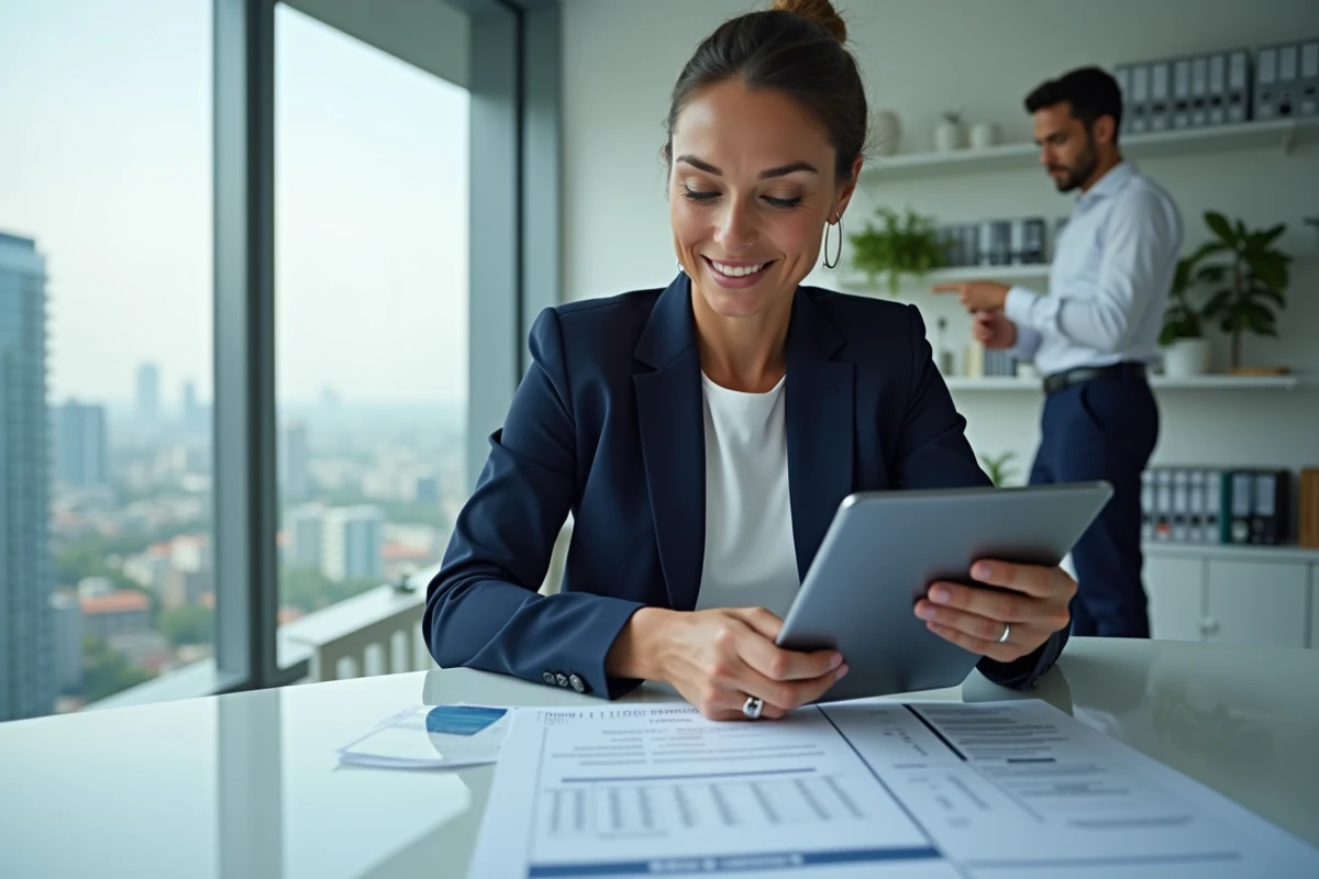 Planificatrice d'événements professionnelle examinant un budget et des contrats pour un artiste de renommée mondiale dans un bureau moderne