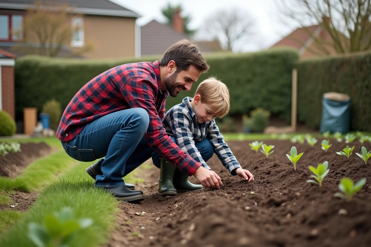 Pere et enfant plantant des graines dans le jardin