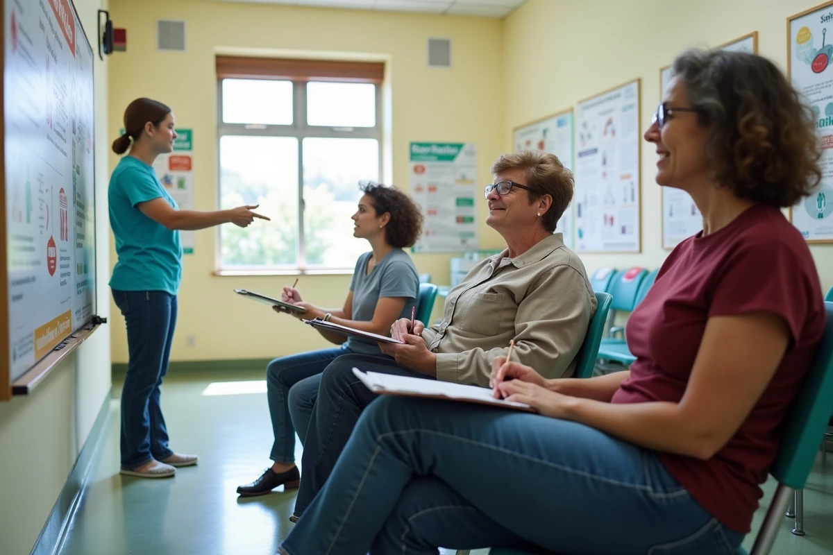 Group of adults participating in a session on the prevention of common diseases in a community center, in front of public health posters