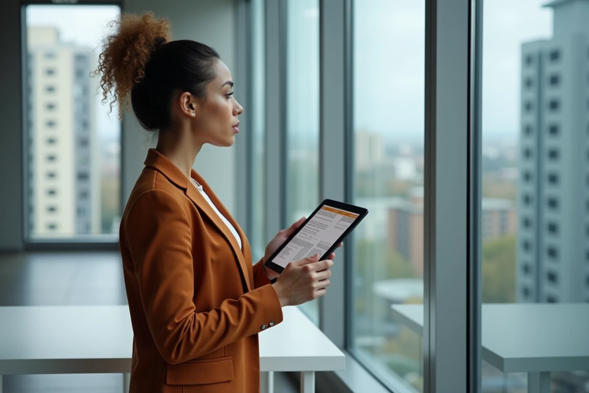 Jeune femme réfléchissant aux résultats de son bilan de compétences devant une grande fenêtre dans un bureau moderne