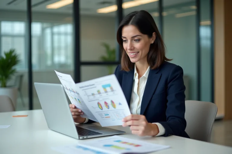 Responsable RH analysant un tableau de gestion des compétences sur ordinateur portable en réunion d'entreprise