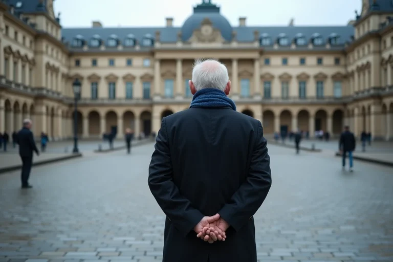 Homme pensif devant le Palais Bourbon à Paris, symbole de la souveraineté nationale et des institutions républicaines françaises