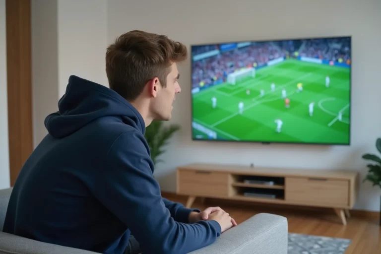 Homme regardant un match de football en streaming sur sa télévision dans un salon moderne