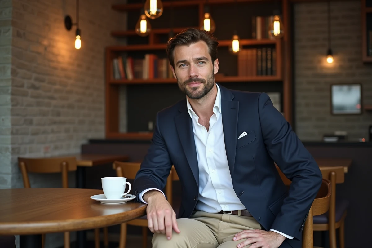 Homme en blazer marine et chemise blanche assis dans un café design au style moderne, tendances mode masculine élégante