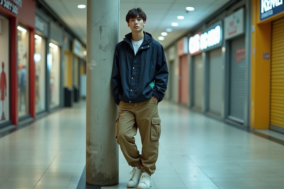 Homme en tenue streetwear des années 1995 avec coupe-vent oversize, cargo kaki et sneakers blanches dans un centre commercial vintage