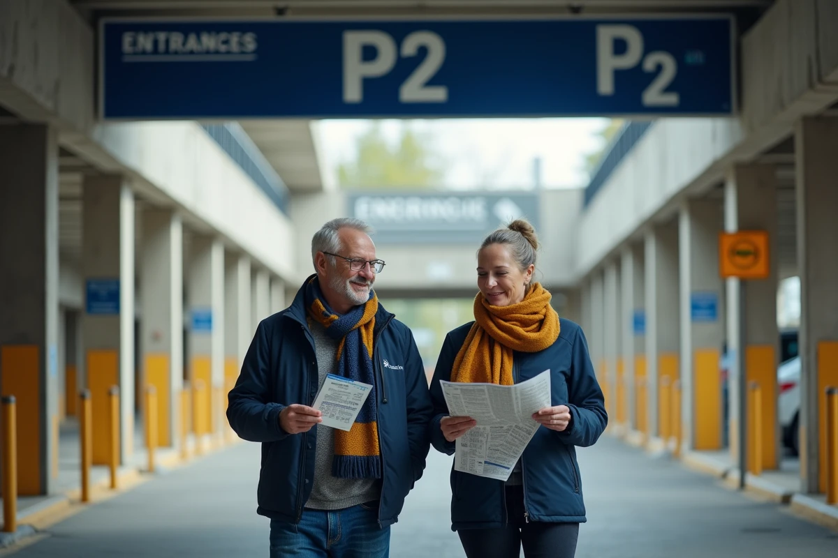 Couple de supporters se dirigeant vers l'entrée du parking P2 du Stade de France avec leurs billets