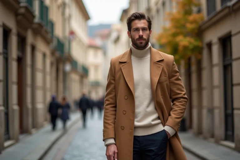 Homme élégant en manteau camel et col roulé crème dans une rue pavée européenne en automne, style masculin moderne