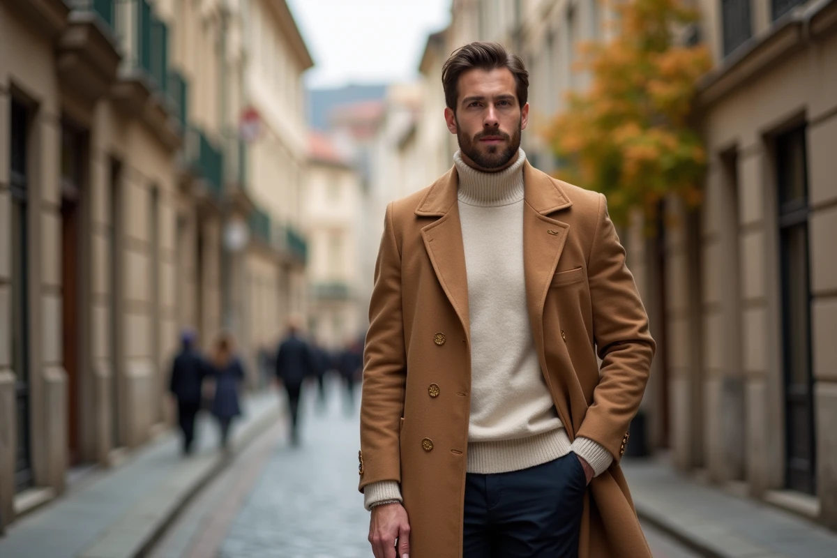 Homme élégant en manteau camel et col roulé crème dans une rue pavée européenne en automne, style masculin moderne
