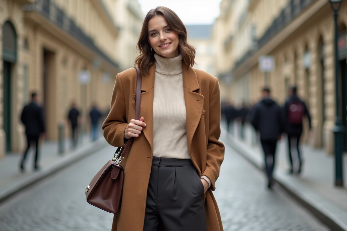 Femme élégante portant un blazer camel oversize et un pantalon large dans une rue pavée parisienne, style mode tendance automne-hiver