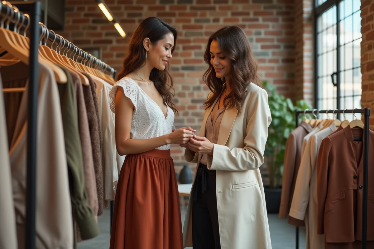 Deux femmes aux styles tendance terracotta et lin écru explorant des vêtements dans une boutique concept store à la décoration minimaliste