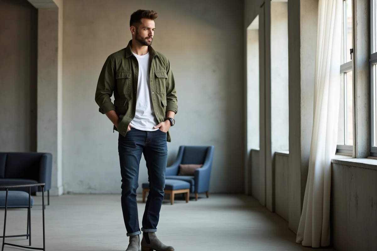 Homme en veste utilitaire olive et jean indigo dans un loft moderne aux murs en béton, style masculin contemporain tendance