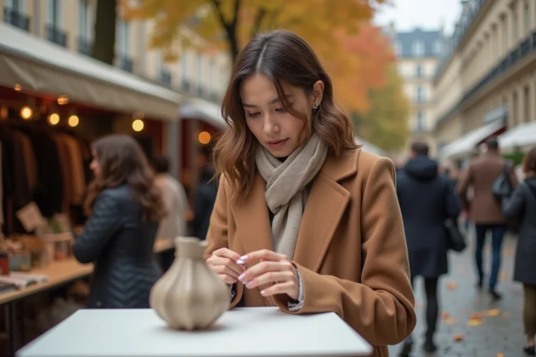 Femme élégante explorant un marché de mode pop-up en plein air au bord de la Seine à Paris en automne