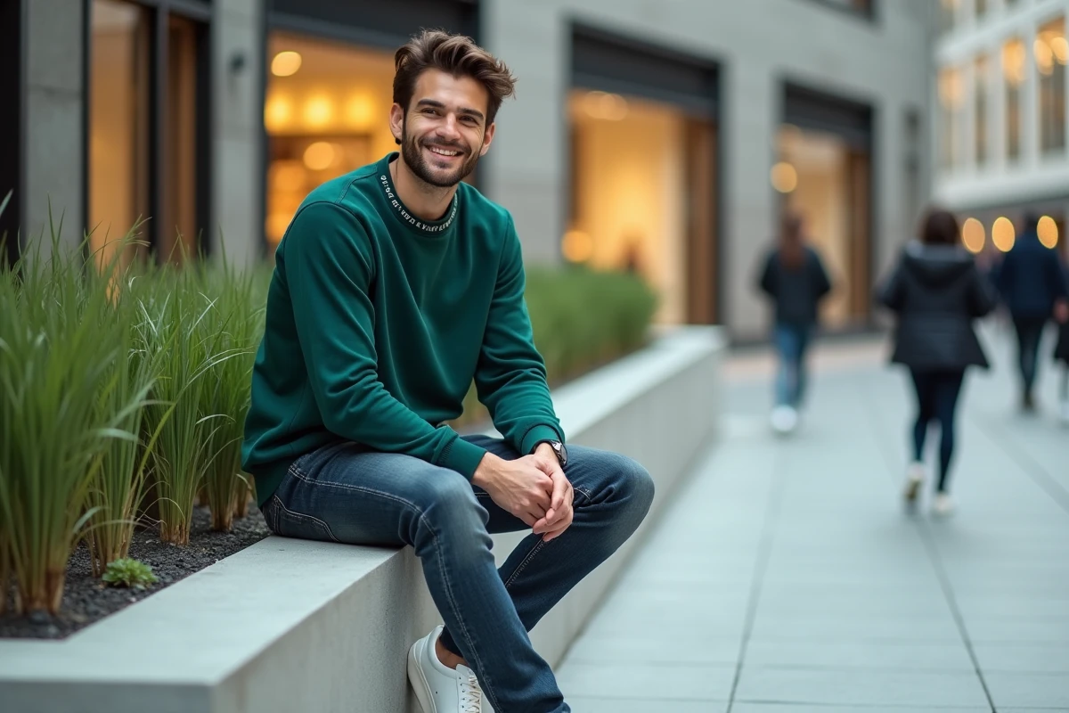 Homme en sweatshirt vert et jean droit assis dans un quartier commercial moderne, look streetwear contemporain tendance
