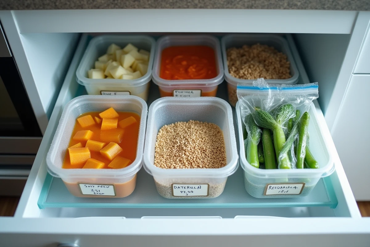 Vue en plongée d'un tiroir de surgélateur domestique bien organisé avec des repas portionnés et étiquetés
