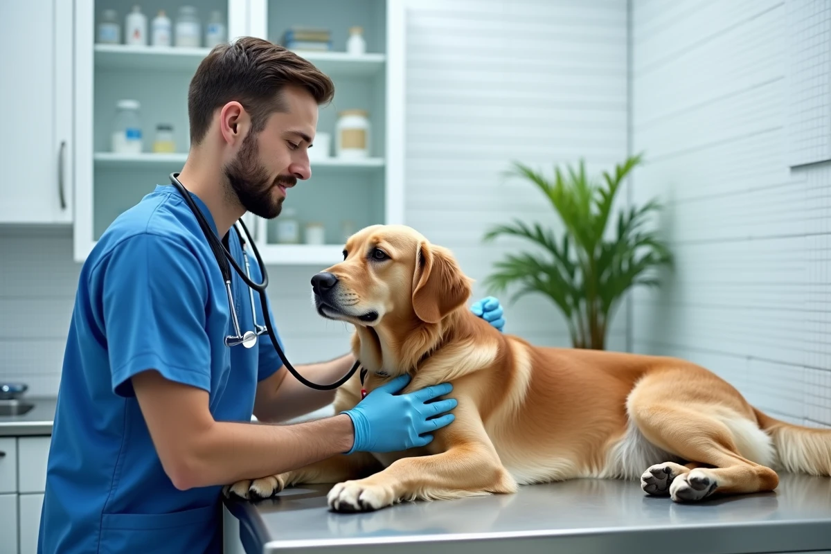 Vétérinaire examinant un golden retriever dans une clinique vétérinaire moderne, soins et protection des animaux domestiques
