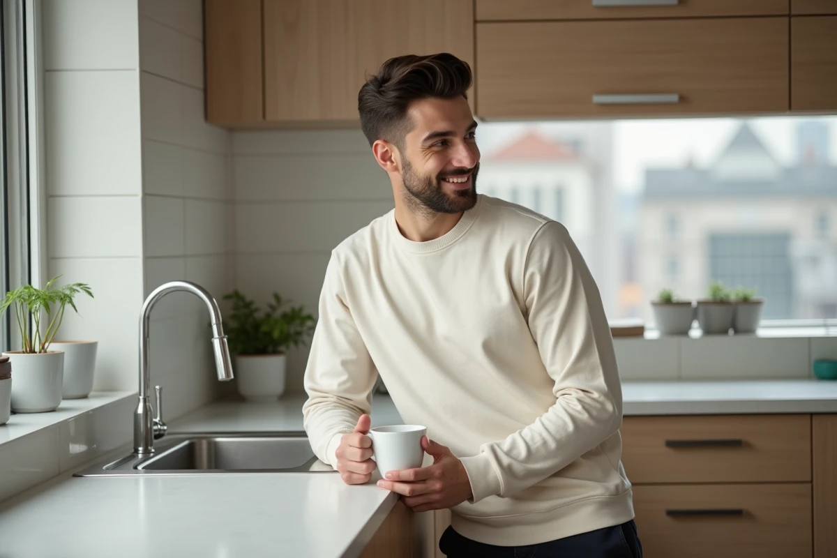 Yoann Usai souriant dans une cuisine moderne, atmosphère domestique et complice en 2026