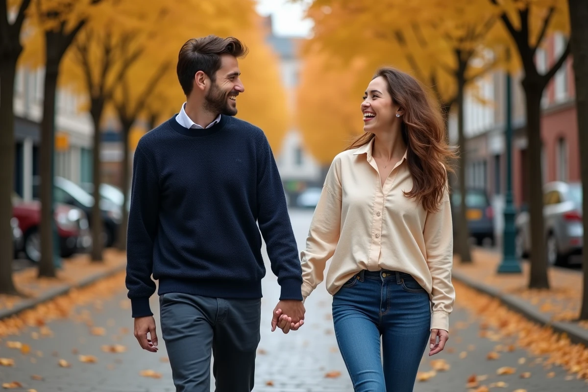 Couple amoureux marchant main dans la main sur une rue pavée parisienne en automne