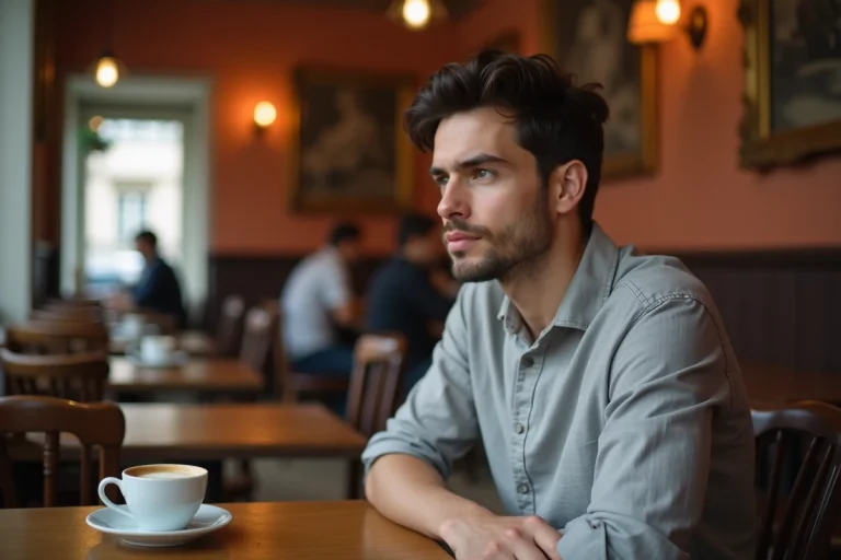 Yoann Usai assis dans un café parisien, regard pensif, ambiance intime et authentique